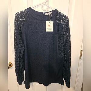 Women's Size Large Long Sleeve Navy Blue Lace Sleeves Blouse NWT